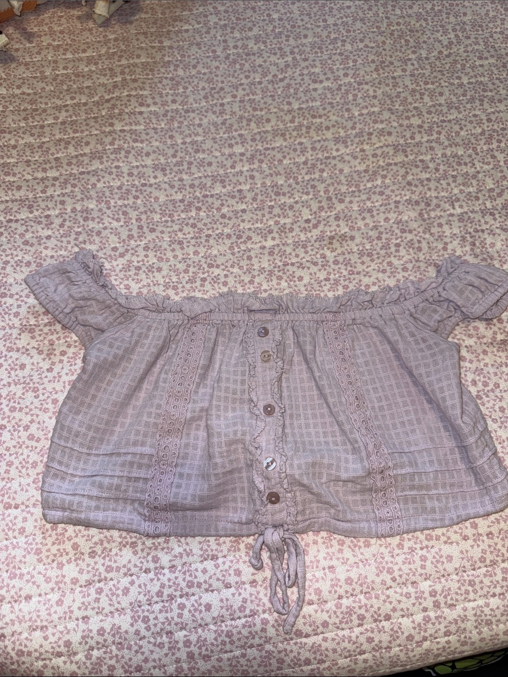 Urban Outfitters Dusty Mauve Off-Shoulder Button Crop Top